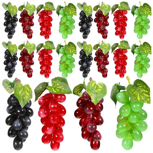 HANLANXUE 20 Pack Artificial Fake Grapes, 4 Colors Black Purple Red Green Simulation Faux Grape Plastic Fake Fruit for Bowls Filler Wedding Party Home Fruit Wine Decor