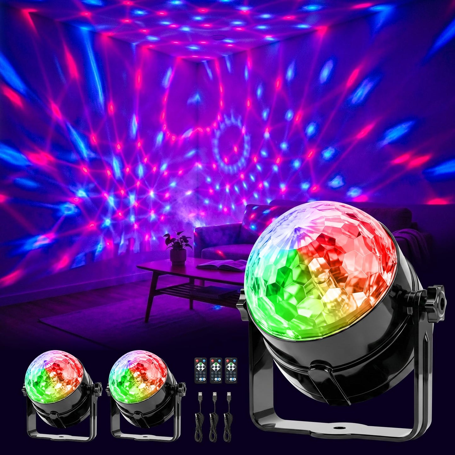 3 Pack Disco Ball Lights with Remote Control, Dynamic Sound Activation RGB Party Lighting for Room Home Dance Karaoke Parties, Portable Strobe LED DJ Lamp for Christmas & Halloween Decor and Kids Gift