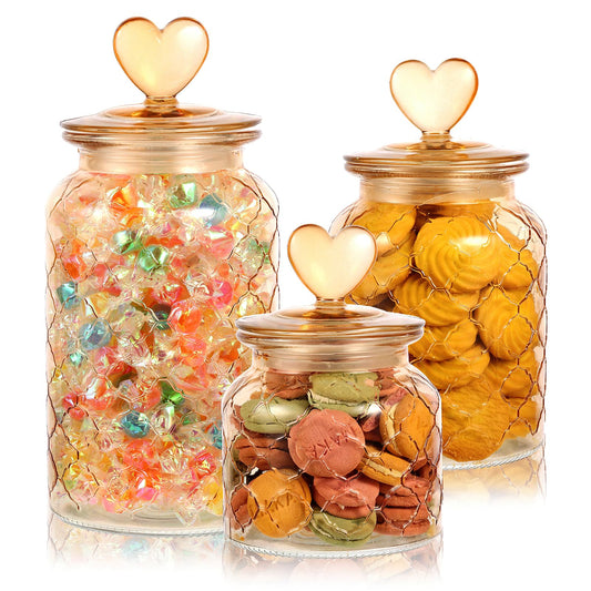 Rainmae 3 Pcs Heart Candy & Cookie Jars with Lids, 22 32 45 oz Cute Heart Shaped Airtight Food Storage Glass Cookie Containers for Kitchen Decorative Apothecary Canisters (Amber)