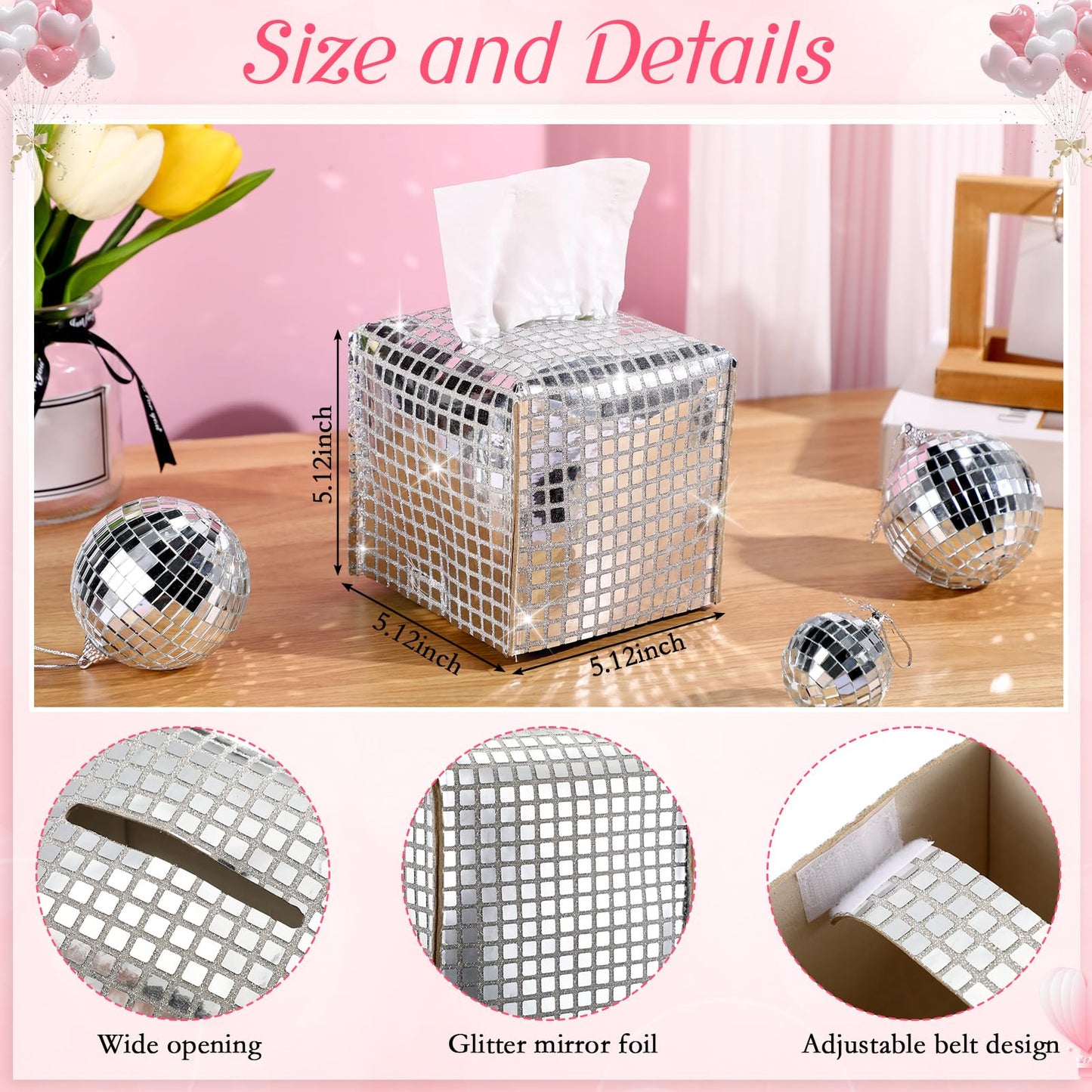 CroBlissful Disco Ball Tissue Box Cover Glitter Silver Square Rectangular Bling Paper Holder Sparkle Tissue Box for Bathroom Vanity Countertop Tabletop Car Office(Small,Disco Fabric,1)