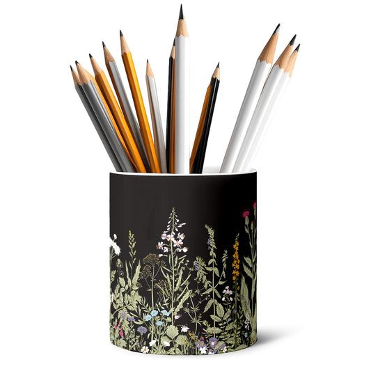 pqonmsd Ceramic Pen Holder,Black Vintage Floral Modern Desktop Pencil Cup,Decorative Storage Organizer for Office Home School