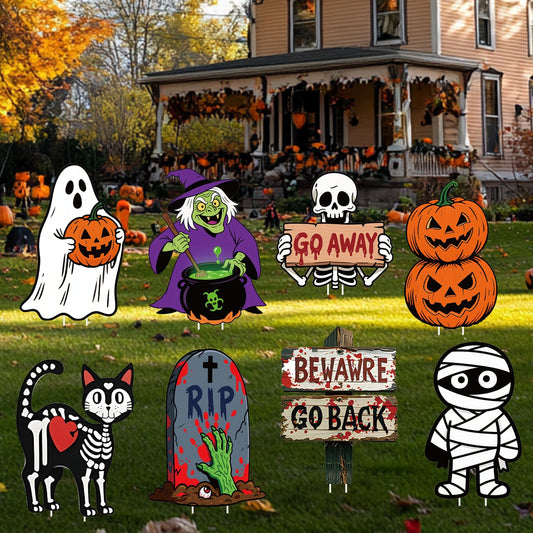 Halloween Yard Signs, 8 Pieces Halloween Lawn Sign Garden Decorations Outdoor with Stakes Witch Pumpkin, Black Cat, Skull, Mummy, Monster, Tombstone, Skeleton Garden Signs for Scary Halloween Party
