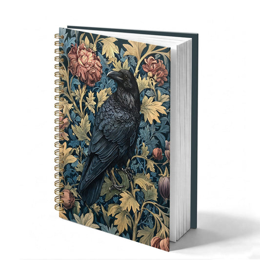 HOXUNQINA Moody Vintage Black Crow Journal Notebook 5.5x8.3, William Morris Inspired Gothic Raven Journal, Crow Gifts for Women, Dark Academia Floral Notebooks for Work