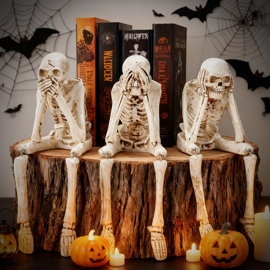 Skeletons for Halloween, 3 PCS See Hear Speak No Evil Statues, Realistic Skeleton Figurines, Halloween Mantel Decor, Skeleton Decorations Indoor Outdoor