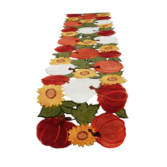 OWENIE Thanksgiving Table Runner, Pumpkin Fall Table Runner, Fall Decor for Home with Harvest Sunflowers Pumpkins, Cutwork Applique Embroidered Centerpieces, 13 Inch x 54 Inch, Orange