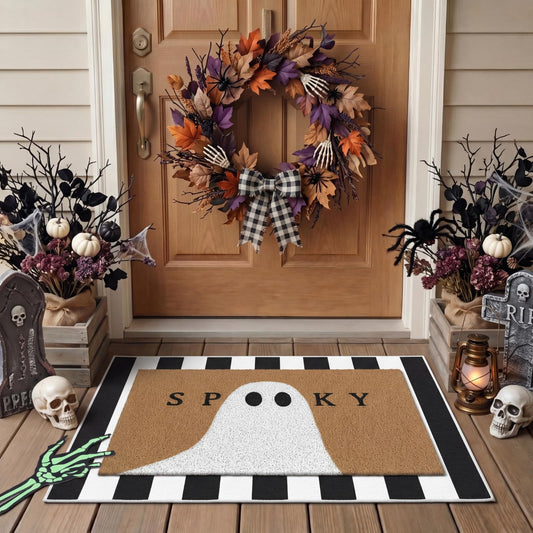 Tinideya 2 Pcs Halloween Door Mat Outdoor Spooky Ghost Welcome Doormats for Front Door Non Slip Layered Ghost Coir Floor Mat Black White Stripe Halloween Rug for Outside Front Porch Entryway Decor