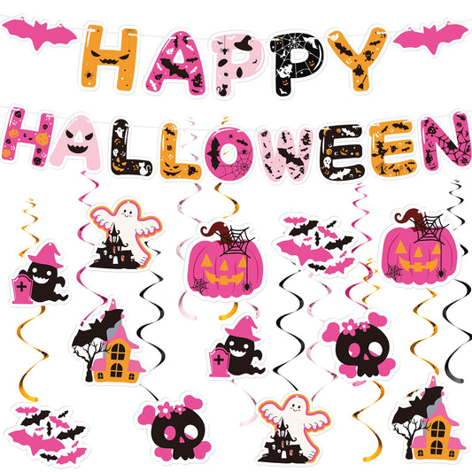 Halloween Spooky Girls Night Decorations Hot Pink Happy Halloween Banner with Hanging Swirls Cute Spider Web Pumpkin Bats Ghost Hanging Swirls Pink Party Decorations for Birthday Bachelorette Party