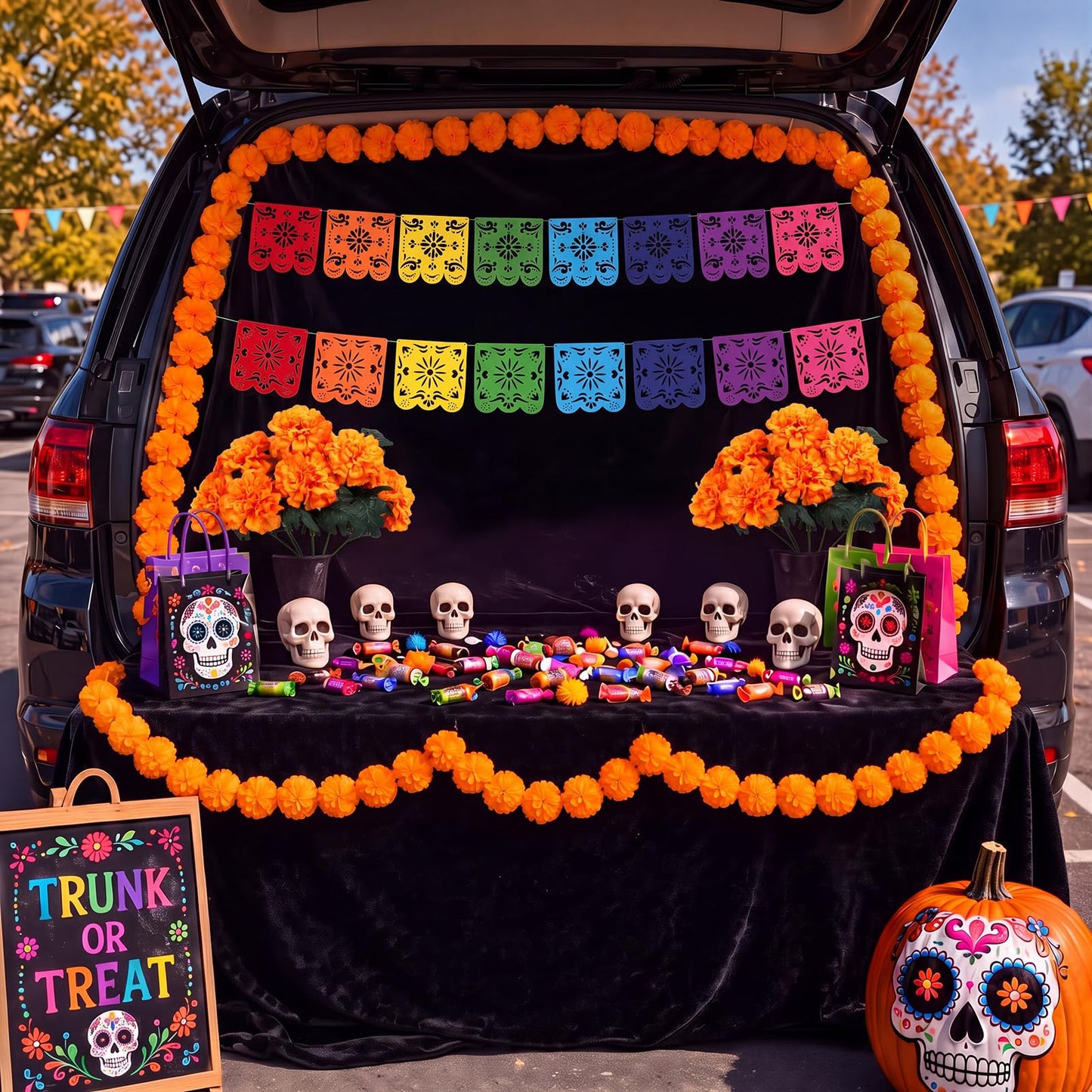 Geelin 12pcs Día De Los Muertos Decorations Kit Day of the Dead Altar Decor Set with Black Flannel Backdrop Papel Picado Banner Marigold Flowers Skull Decor for Halloween Mexican Home