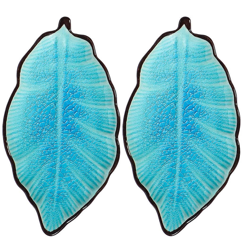 Sanbege 2 Pack Leaf Spoon Rest, Ceramic Ladle Holder, Modern Farmhouse Decorative Utensil Rester for Stove Top, Kitchen Counter, Dining Table, Coffee Station (Teal)