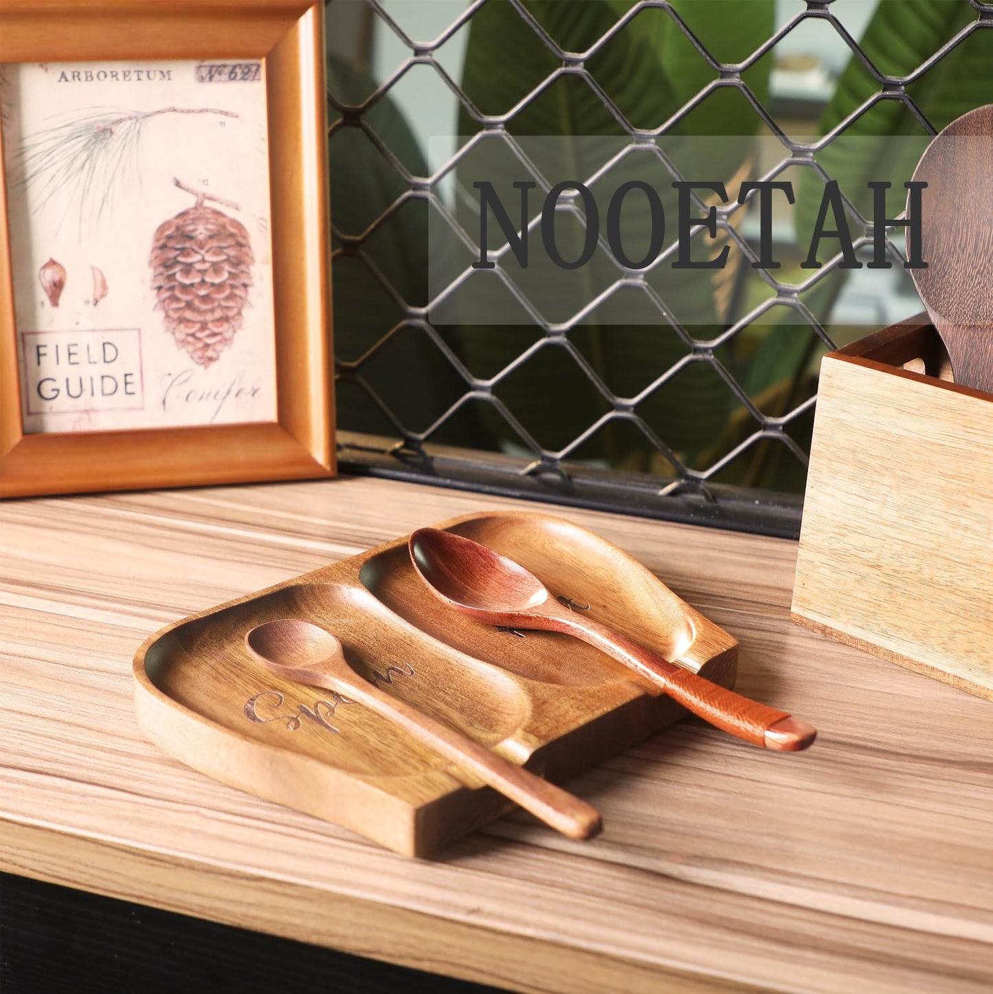 NOOETAH Large Acacia Wood Spoon Rest, Double Wooden Spoon Holder With Non Slip Silicone Feet, Handmade Kitchen Rest for Kitchen Countertop, Brown Labeled "Spoon Rest"
