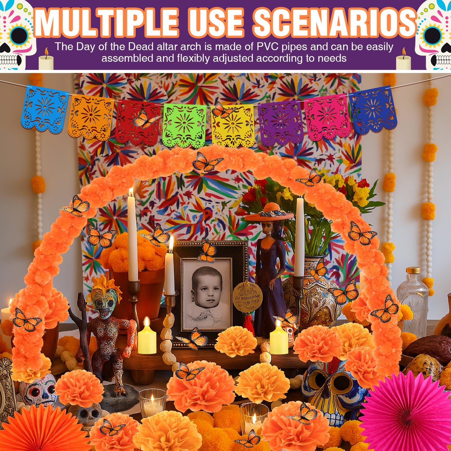 Suncalla 66 Pcs Day of the Dead Altar Set Marigold Flower Arch Dia De Muertos Tablecloth Flameless LED Candle Paper Fan Butterfly Mexican Papel Picado Banner Supplies(Classic,Multicolor)