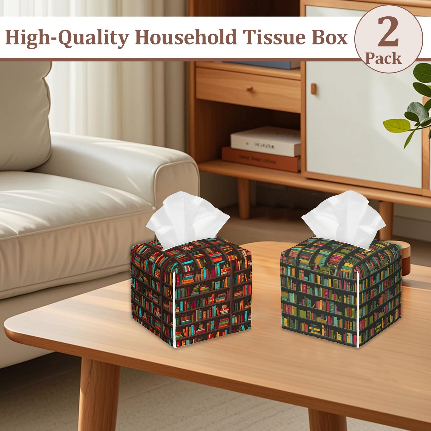 Bookshelves Full of Books Tissue Box Cover 2Pcs PU Leather Tissue Box Holder for Home, Square Tissue Holder for Harvest Autumn Season Halloween Thanksgiving Gift