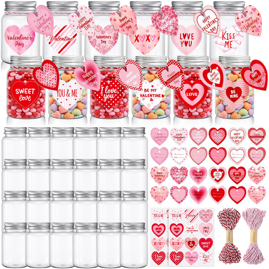 Remerry 24 Set Halloween Candy Jar Containers for Candy Cookie 5 oz Clear Plastic Mason Jars with Lids Round Stickers Gift Tags for Trick or Treat Party Favor Classroom Exchange Gift(Valentine's Day)