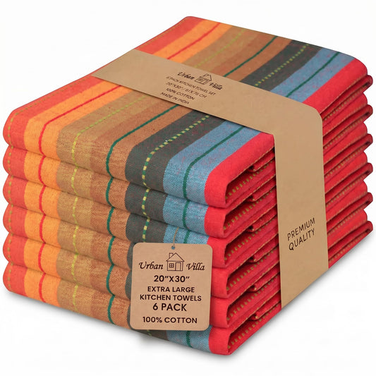 Urban Villa Kitchen Towels 100% Cotton Dish Towels for Kitchen (Set of 6) 20"x30" Highly Absorbent Kitchen Linen Set with Hanging Loop Dish Cloths Perfect for Drying Dishes Cleaning Towels - Red Multi