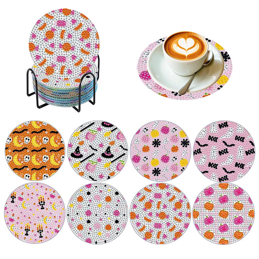 PERFECTSIGHT 8 Pcs DIY Diamond Art Painting Coasters with Holder, Cute Diamond Paint Coaster Kits for Adults, Kawaii Full Drill Diamond Art Craft Paint by Number Non Slip Coaster - Pink Halloween
