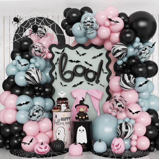 Froova Halloween Balloons Arch Dusty Pink Blue Balloon Garland Kit Boo Foil Balloons with 3D Bat Stickers for Boy or Girl Gender Reveal Night Pink Ghost Spooky One Baby Shower Birthday Party Decor