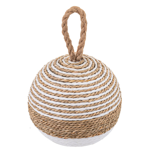 PEMAR Natural Wicker Door Stopper with Handle, Rustic Farmhouse Decorative Door Stop, Heavy Indoor Doorstop, Nautical Blocker Jammer 6.3''D Sphere Ball Shape (Seagrass)