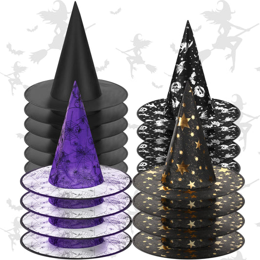 Jerify 18 Pieces Halloween Witch Hat 4 Different Designs Halloween' Party Wizard Hats Costumes Accessories Witch Party Costumes Decorations