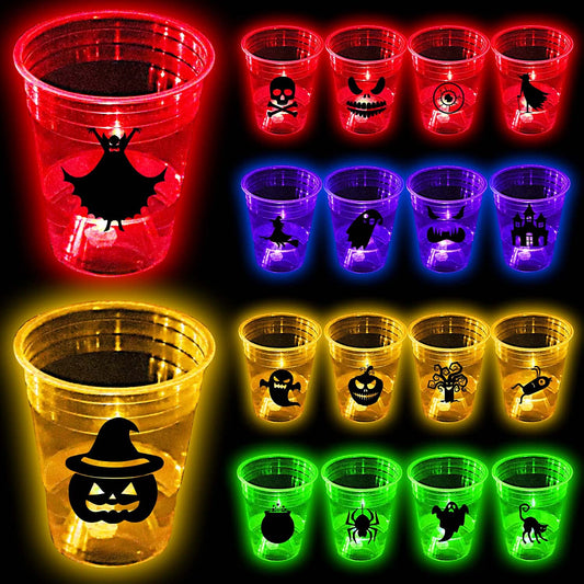 YHFUISK 24 Pack Glow Halloween Cups - 16 oz Horror Party Cups for Nighttime Game, Halloween Party Decoration, House Parties Birthdays Concerts Weddings BBQ Beach Holidays(4 color)