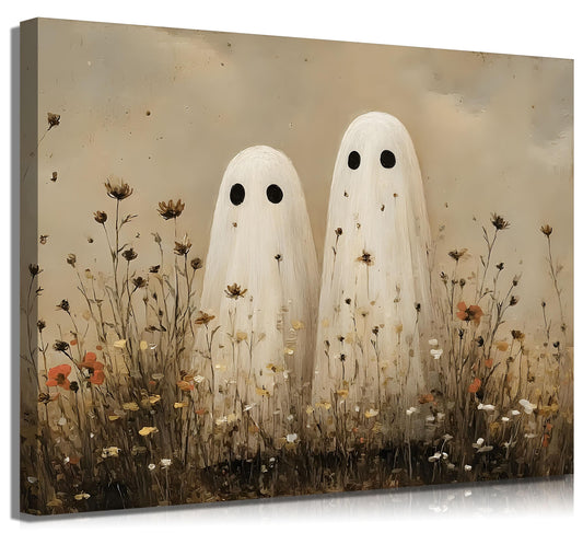 Halloween Canvas Wall Art Cute Ghost Poster Print Autumn Wildflowers Picture Vintage Farmhouse Wall Decor for Bedroom Living Room Bathroom 12x16in Framed