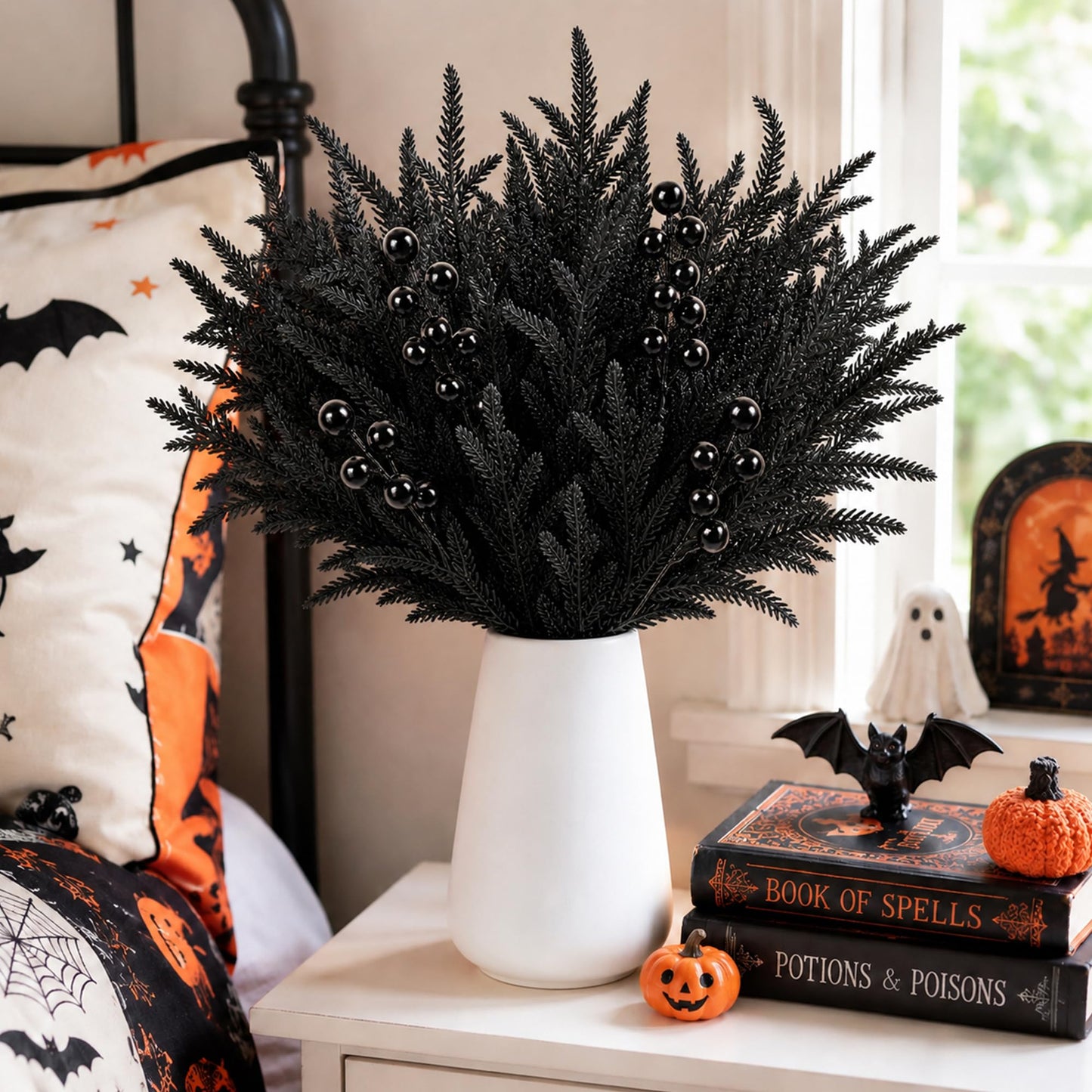 Watayo 45 Pcs Halloween Artificial Tree Branches Set, Black Norfolk Pine with Berry Picks, Halloween Fake Stems Centerpiece for Vase Garland Table Party Decor