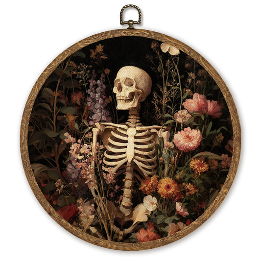 Vintage Floral Skeleton Round Wall Art ,10x10 Inch Cycle of Life Circular Frame, Dark Academia Decor Wildflower Skull Gothic Art for Bedroom Living Room,Halloween Home Decor,Retro Natural Artwrok(Brown-Skeleton01)