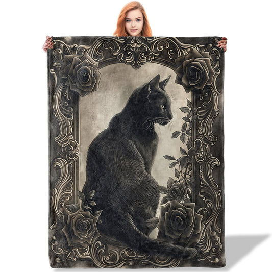 Plistiz Goth Black Cat Elegance Throw Blanket 50x60 Inch, Floral and Gothic Blankets for Unique Home Decor, Flannel Polyester, Black Cat for Cat Lovers Women