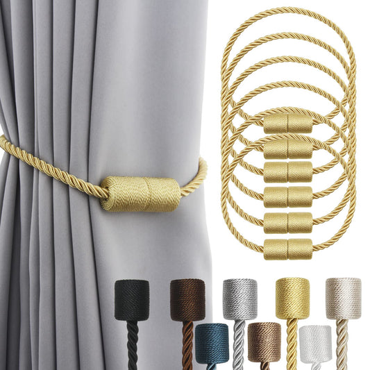 Porlau 6 Pack Gold Strong Magnetic Curtain Tiebacks Outdoor Elegant Decorative Tie Backs Modern Rope Tiebacks for Drapes Window Curtain Holdbacks for Draperies