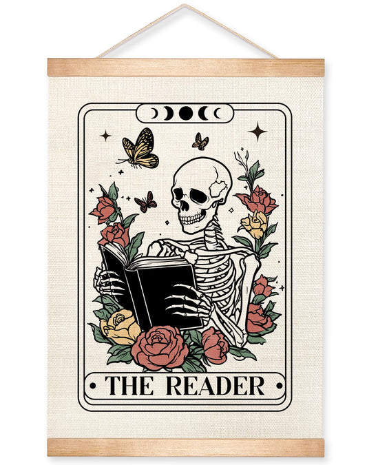 HEYJEEPER The Reader Tarot Card Wall Art, 14x18inch Gothic Skeleton Reading Books, Canvas Wall Hanging Poster,Library, Reading Corner Decor,Vintage Witchy Room Decor (Reader)