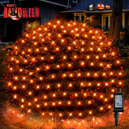 BlcTec Halloween Net Lights 360 LED 9.8ft x 6.6 Orange Halloween Lights with 8 Modes, Timer, Connectable, Waterproof & Dark Green Wire Design for Lawn, Porch, Shrub, Bushes Outdoor Holiday Decorations
