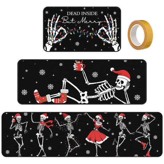 Drydiet 3 Pcs Christmas Kitchen Rugs Winter Black Vintage Christmas Skeleton Non Slip Mat for Kitchen Floor Bar Hallway Bathroom Door Party Decor, 20"x32" 20"x47", 20"x59"