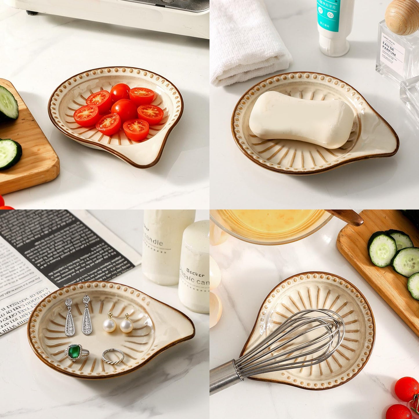 JINGUS Spoon Rest for Stove Top, Ceramic Spoon Holder for Kitchen Counter, 5.1 Inch Heat-Resistant Cooking Utensil Rest for Coffee Spoon Dish & Spatula Tray, Dishwasher Safe, Beige