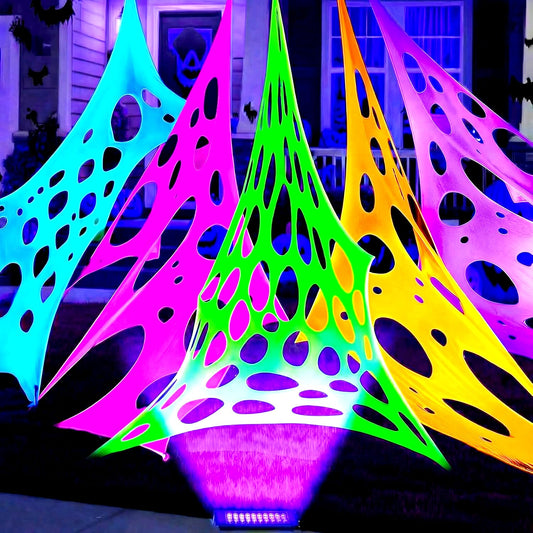 Glow in the dark 1300 Sqft 5 colors Uncut Giant Spider Web Halloween Decorations Outdoor with 1 Black Light &10 Ground Nails Stretchy Beef Cloth Netting DIY Flexible Elastic for Yard Party Decor
