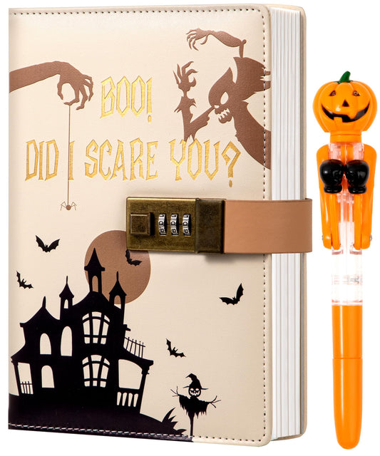 CAGIE Journal with Lock for Women Men, A5 Locked Journal with Pumpkin Pen Set, Halloween Notebook with Combination Lock 192 Pages Diary with Lock, 5.7x 8.3 Inches, White