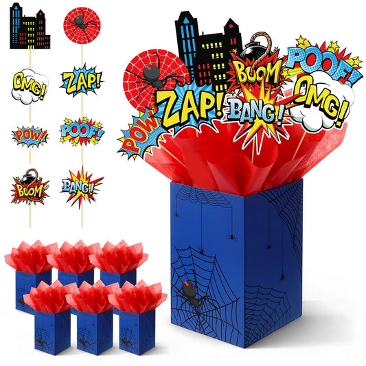 MotiMind 6 Sets 74 Pcs Spider Party Centerpieces Spider themed Party Decorations Table Toppers with Box Circus Sound Effect Cutouts and Sticks Tissue Paper for Baby Shower Birthday Decor