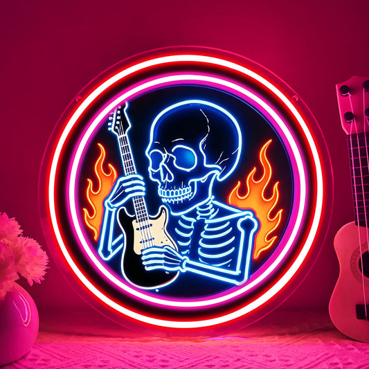 Skeleton Guitar Neon Sign - Gothic Neon Sign for Gothic Room Decor,Rock and Roll Neon Signs for Music Studio Decor, Bar, Man Cave Gamer Room Decor,Halloween Decor