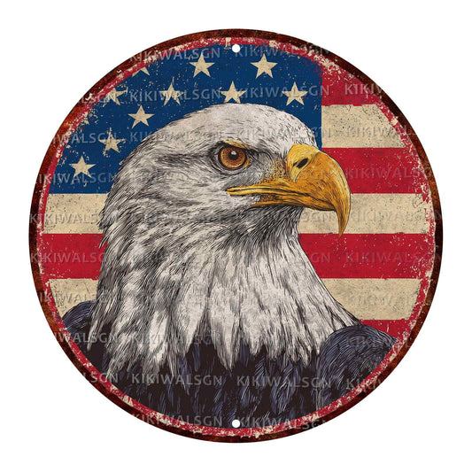 Vintage Bald Eagle Round Metal Sign Retro American flag Tin Sign Nostalgic Patriotism Wall Decor Decorations for Home Bedroom Living Room Cafe Bar Kitchen Yard Fence Door Outside 12 * 12 In