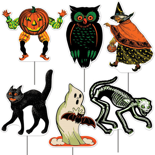Beistle Vintage Halloween Yard Signs 6-Count – Spooky Plastic Outdoor Decorations with Metal Stakes, Retro Witch, Ghost, Skeleton Cat, Owl, and Goblin Designs – 11½"–12¼"