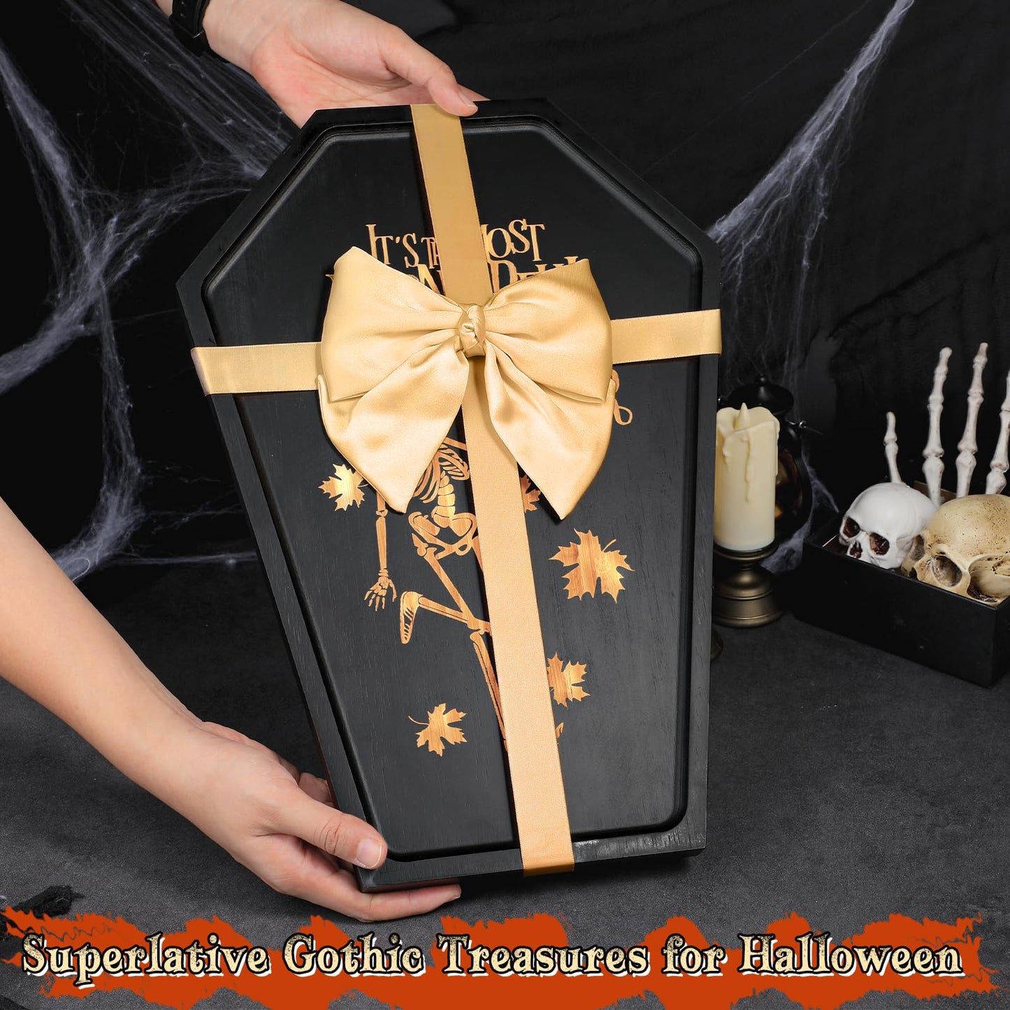 Webake Large Coffin Charcuterie Board - New Skeleton Design, 16.5" x 11.5" Spooky Serving Tray for Ample Food Display, Halloween Wooden Meat & Cheese Board, Perfect Spooky Gothic Decor