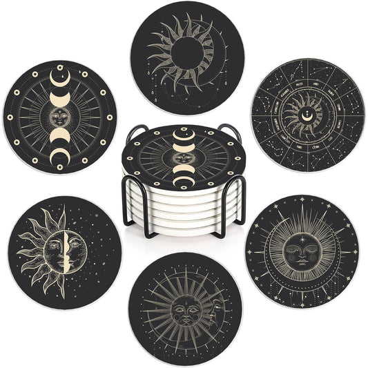 6-Pack Moon Phase Coasters Set with Holder - Absorbent Ceramic Drink Pads, Non-Slip Table Protectors for Coffee & Glasses