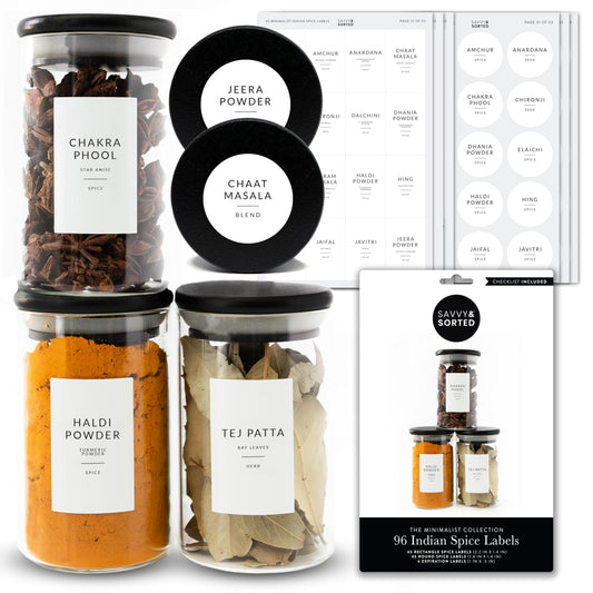Indian Spice Labels Stickers for Jars and Lids - 96 South Asian Spice Jar Labels Waterproof Preprinted, Seasoning Herb Stickers for Containers Kitchen Pantry Organization