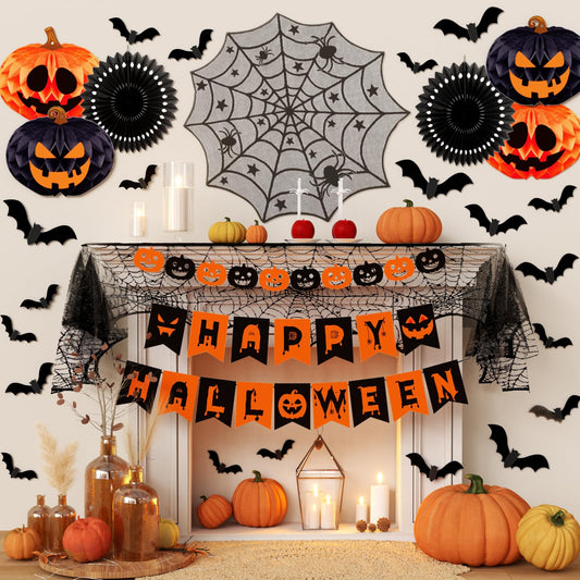 Halloween Party Decorations Indoor Kit with Paper Honeycomb Balls & fans, Fireplace Mantel Scarf, Spiderweb Table Runner, Banner, 48 Pcs Scary Bat Sticker for Halloween Spooky Home Decor