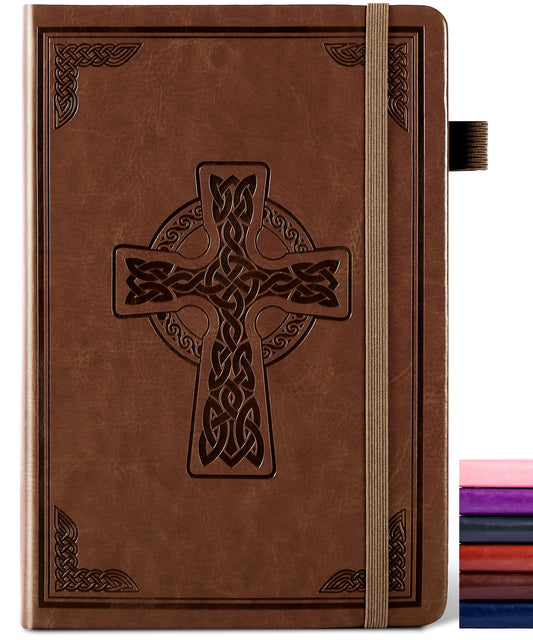 CAGIE Leather Lined Journal Notebook for Men & Women, Debossed Cross, 320 Pages 100 GSM Thick Paper, A5 Hardcover Journaling Notebooks for Writing, 5.7'' X 8.3'' Diary, Brown
