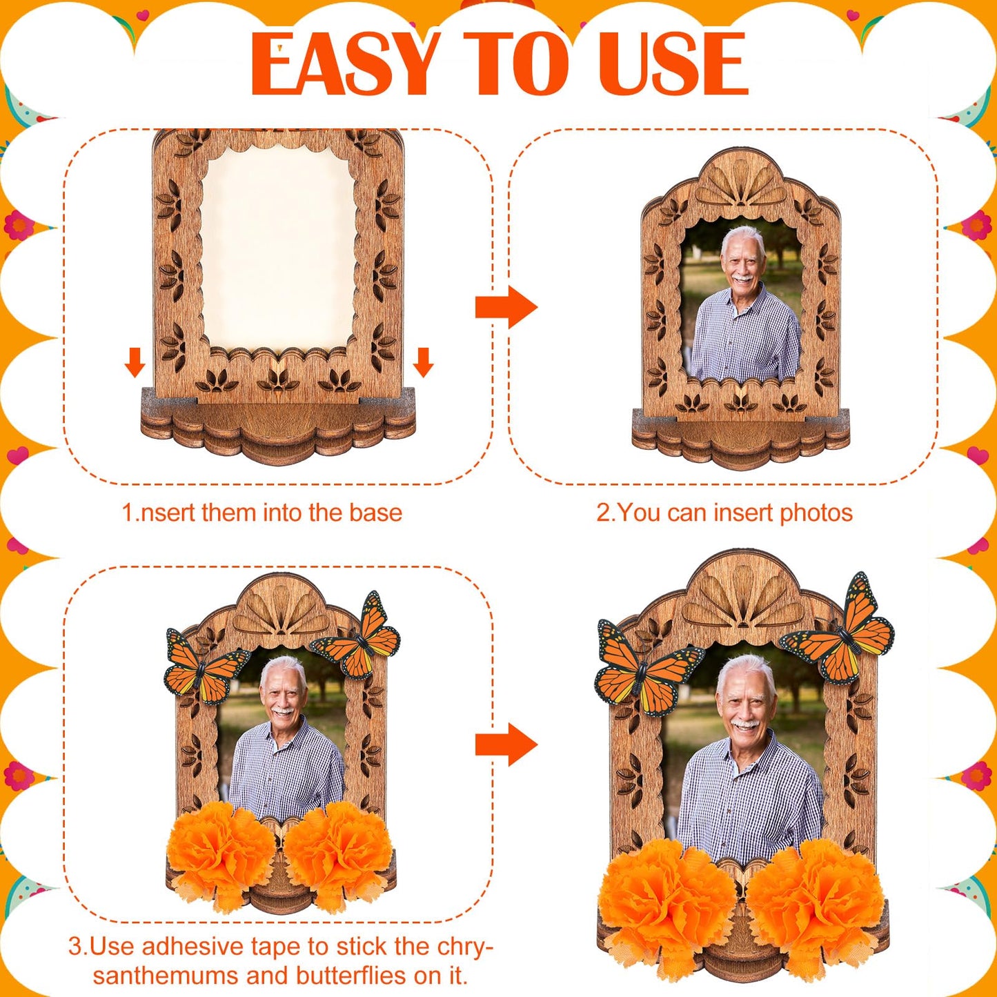Thyle 60 Pcs Dia De Los Muertos Decorations Picture Frames Kits Day of The Dead Ofrenda Altar with 10 Wooden Photo Frames 30 Artificial Marigold Flower 20 Butterfly for Day of The Dead Decoration