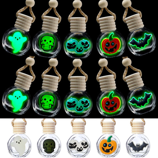 Sunnychicc 10 Pcs 10ml Ghost Car Hanging Air Freshener Diffuser Perfume Bottles with Glow in The Dark Skull Ghost Bat Pumpkin Spice Refillable Empty Glass Essential Oil Pendant for Car (Halloween)