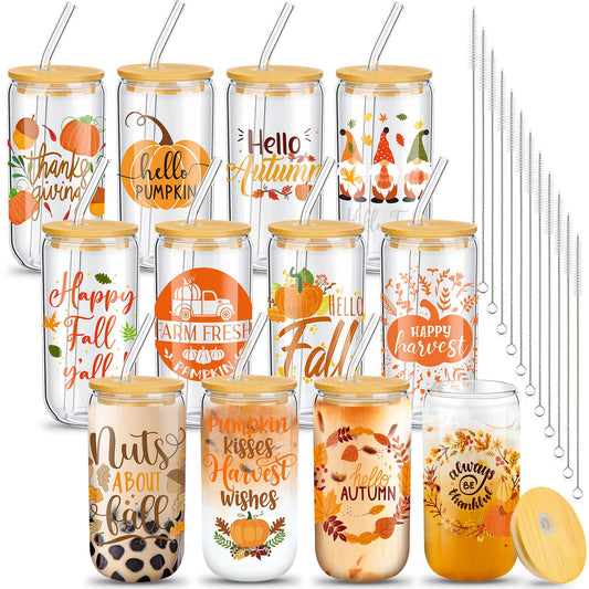 Umigy 12 Pack Fall Drinking Glasses Bulk 16oz Fall Ice Coffee Cups Pumpkin Glass Mug Jars with Bamboo Lid Straw Halloween Cups Thanksgiving Glassware Drinking Tumbler for Autumn Harvest Gifts