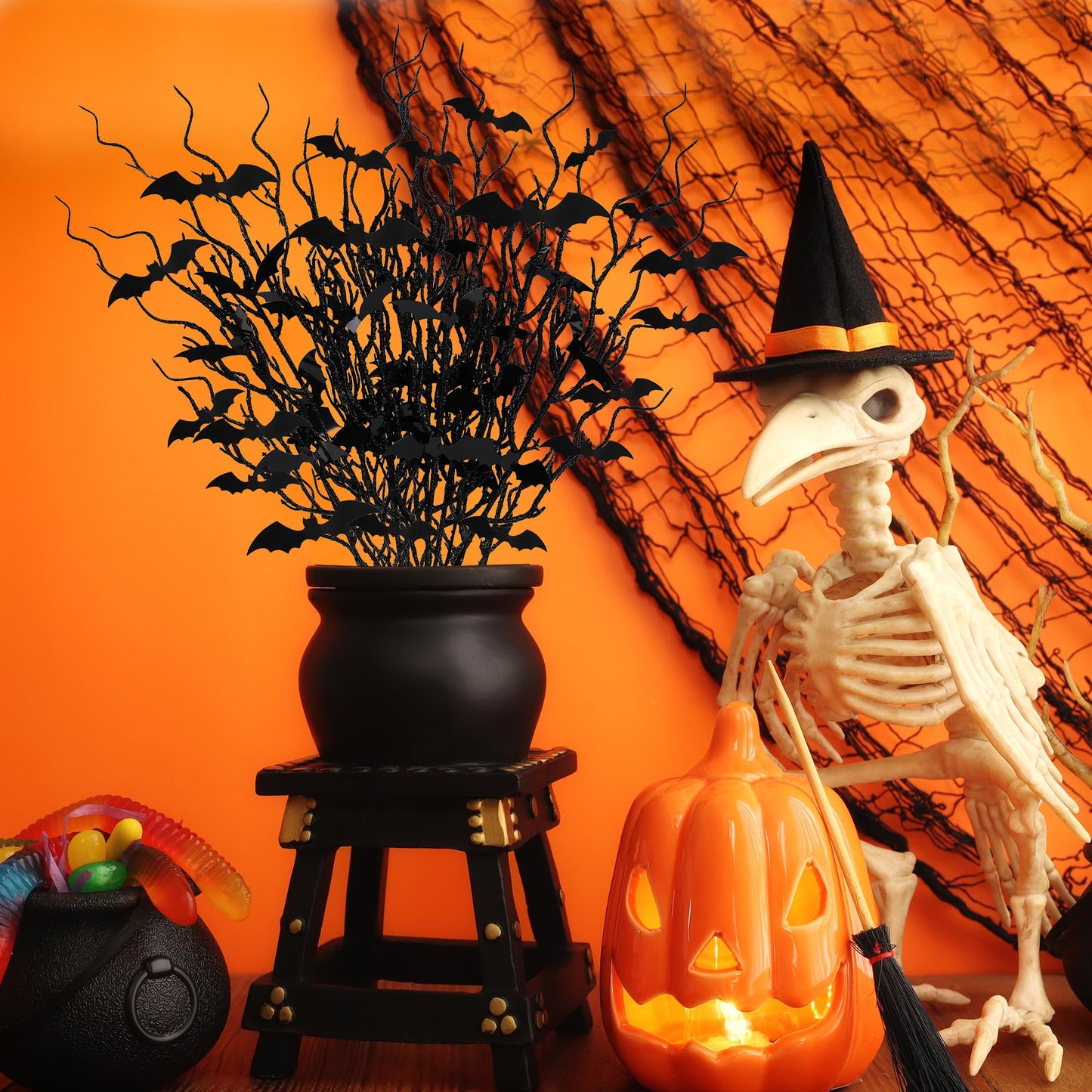 Sggvecsy 15 Pcs Artificial Halloween Glitter Stem with Black Bats Faux Picks Curly Willow Branches Decorative Glitter Sticks Twigs for Halloween DIY Crafts Festival Home Decoration