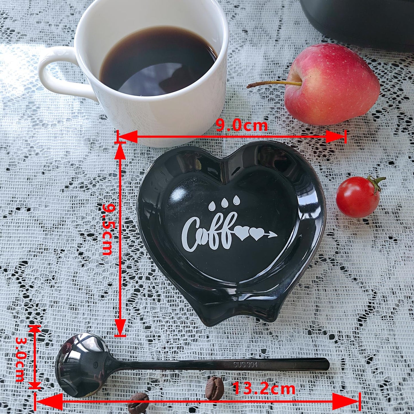 Ture Heart-shaped Ceramic Spoon Rest - Mini & Small, Holds Coffee & Teaspoons, Black