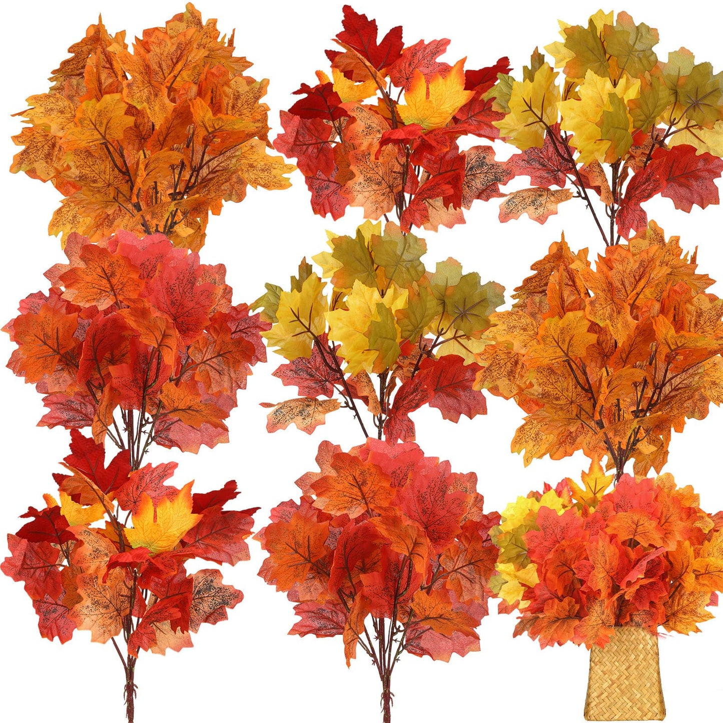 Tigeen 8 pcs Fall Leaves Artificial Maple Leaves Branches Thanksgiving Decoration for Table Bulk Autumn Leaf Picks Thanksgiving Centerpieces for Home Vase Fireplace Halloween Décor(Novelty Style)