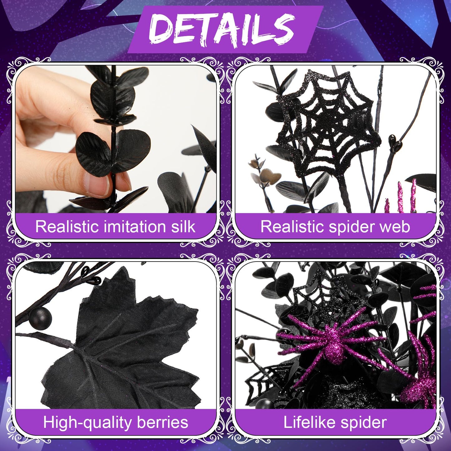Giegxin 15 Pcs Halloween Floral Picks Halloween Decorations 19.5inch Black Artificial Flowers Branches Eucalyptus Stems Glitter Spiderweb Maple Leaf Stems for Home Indoor Party Vase Arrangement Decor